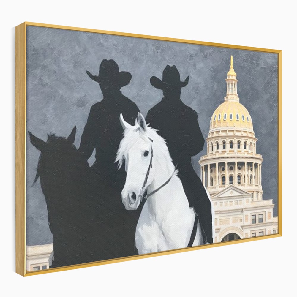 Tablou canvas cu pictura cu doi cowboy si cladire oficiala, in rama de aluminiu auriu